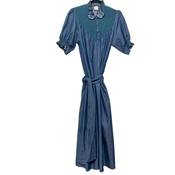 Loretta Caponi Elegant Blue Maxi Dress MockNeck Ruffle Designer Quiet Luxury Med - Picture 2 of 14